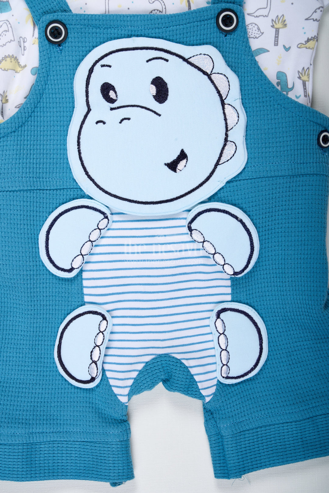 Dinosaur Print Set for Boys in Blue Cotton Waffle Knit with Embellished Patch and Printed Tee