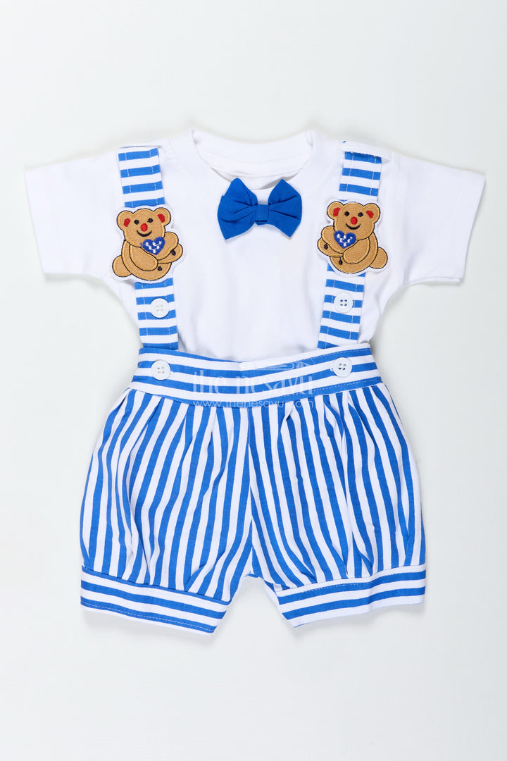 White Set and Bow for Boys in Cotton with Blue Striped Dungaree and Decorative Bow Tie Detail