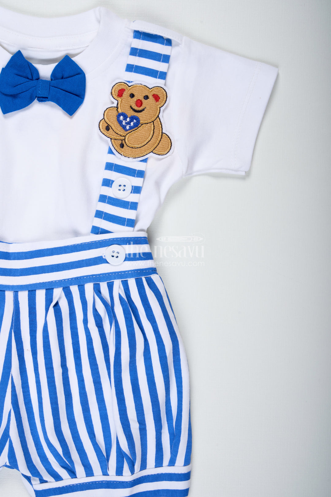 White Set and Bow for Boys in Cotton with Blue Striped Dungaree and Decorative Bow Tie Detail