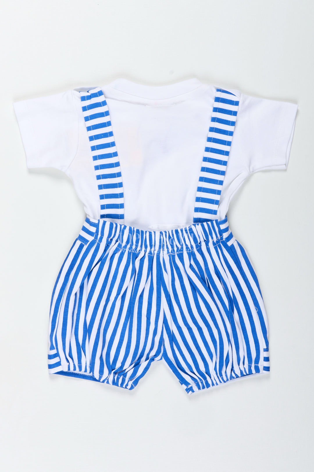 White Set and Bow for Boys in Cotton with Blue Striped Dungaree and Decorative Bow Tie Detail
