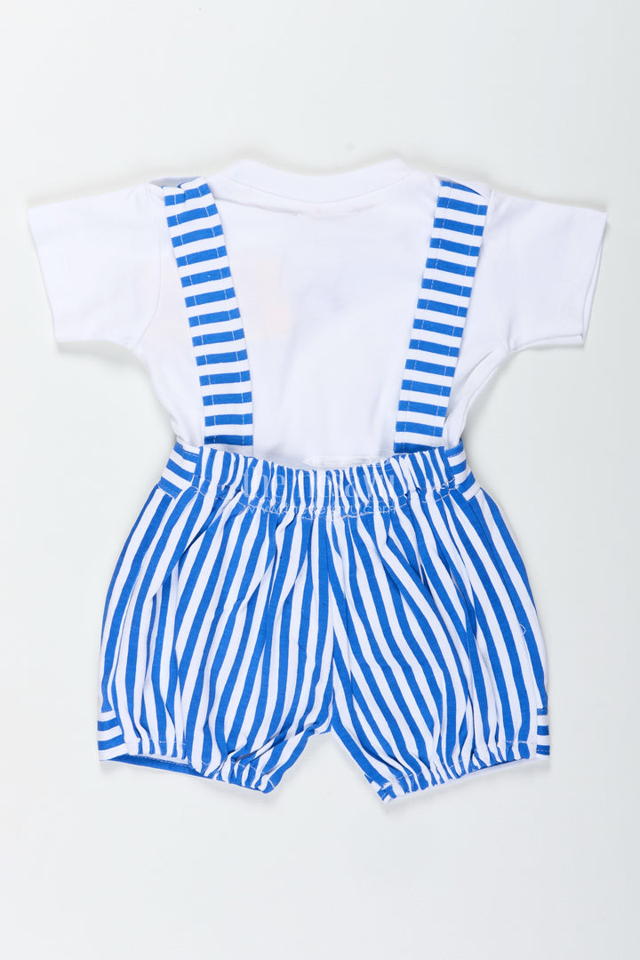 White Set and Bow for Boys in Cotton with Blue Striped Dungaree and Decorative Bow Tie Detail