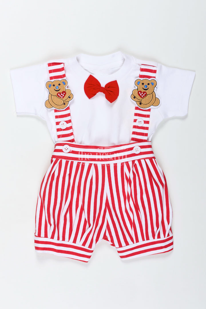 Dress Shirt and Bow for Boys in Cotton with Red Striped Dungaree and Teddy Shoulder Accents