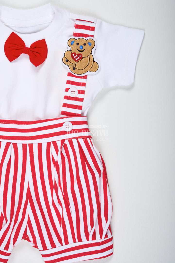 Dress Shirt and Bow for Boys in Cotton with Red Striped Dungaree and Teddy Shoulder Accents