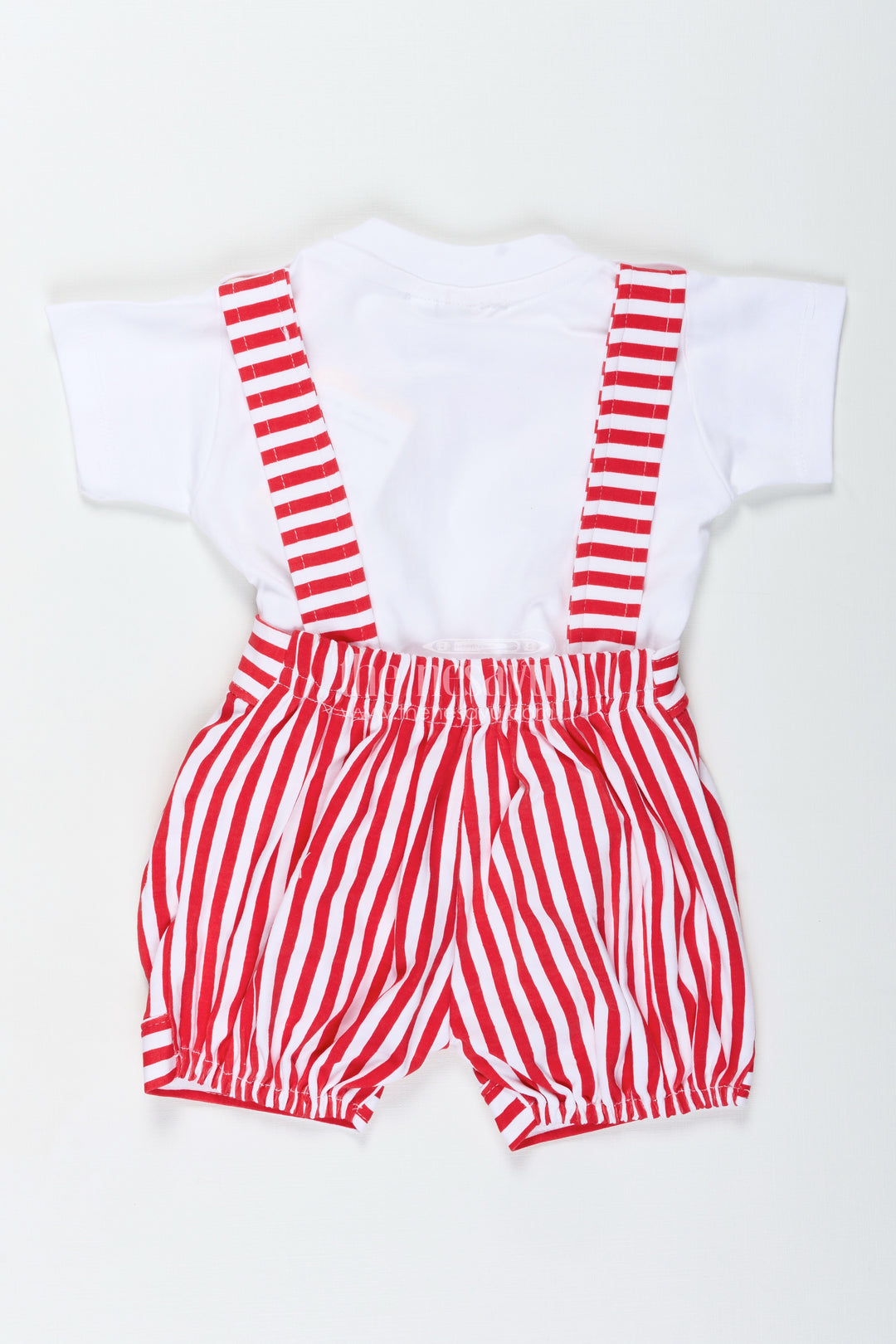 Dress Shirt and Bow for Boys in Cotton with Red Striped Dungaree and Teddy Shoulder Accents