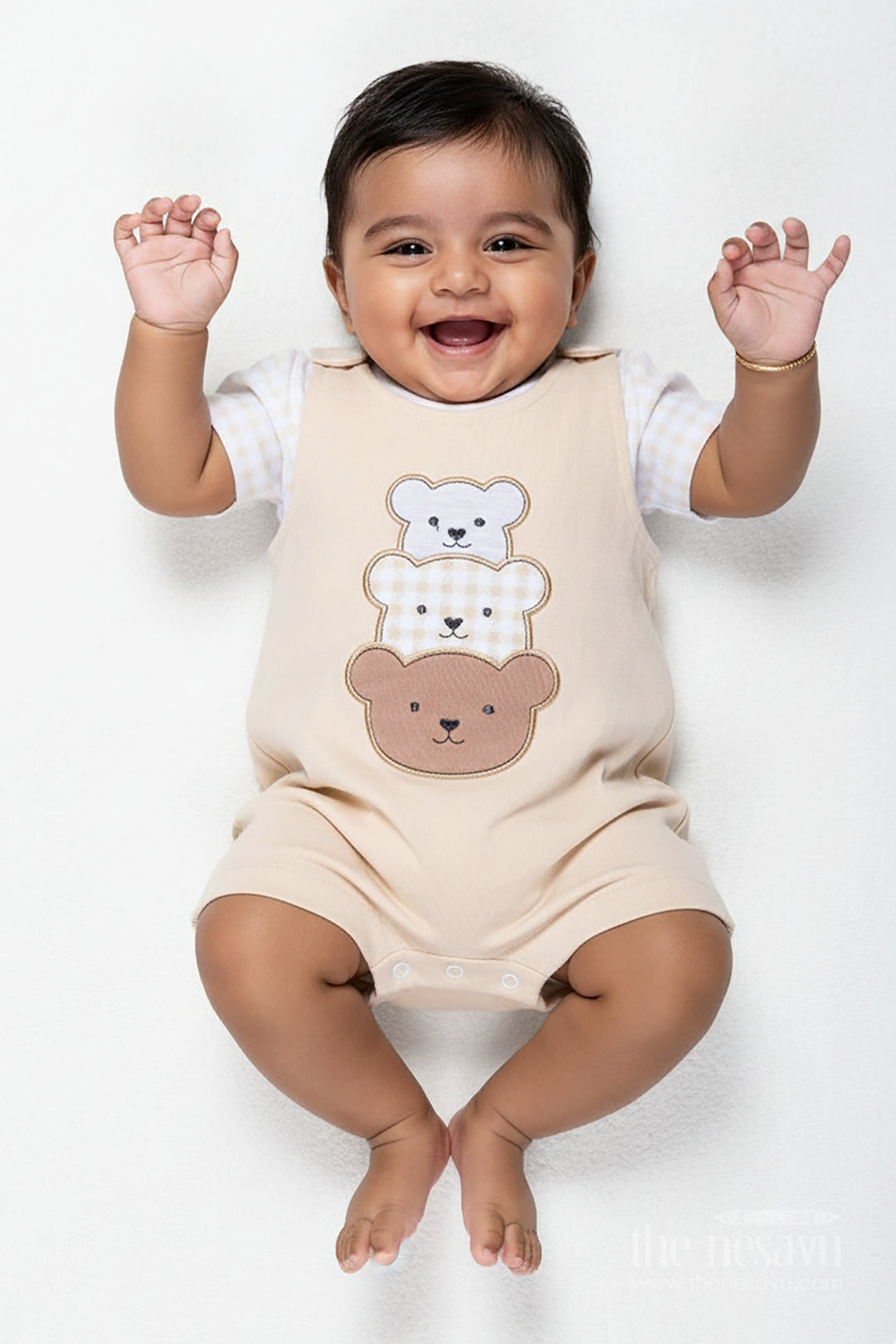Newborn Teddy Bear Costume for Boys in Soft Cotton with Triple Bear Patch and Checkered Sleeves