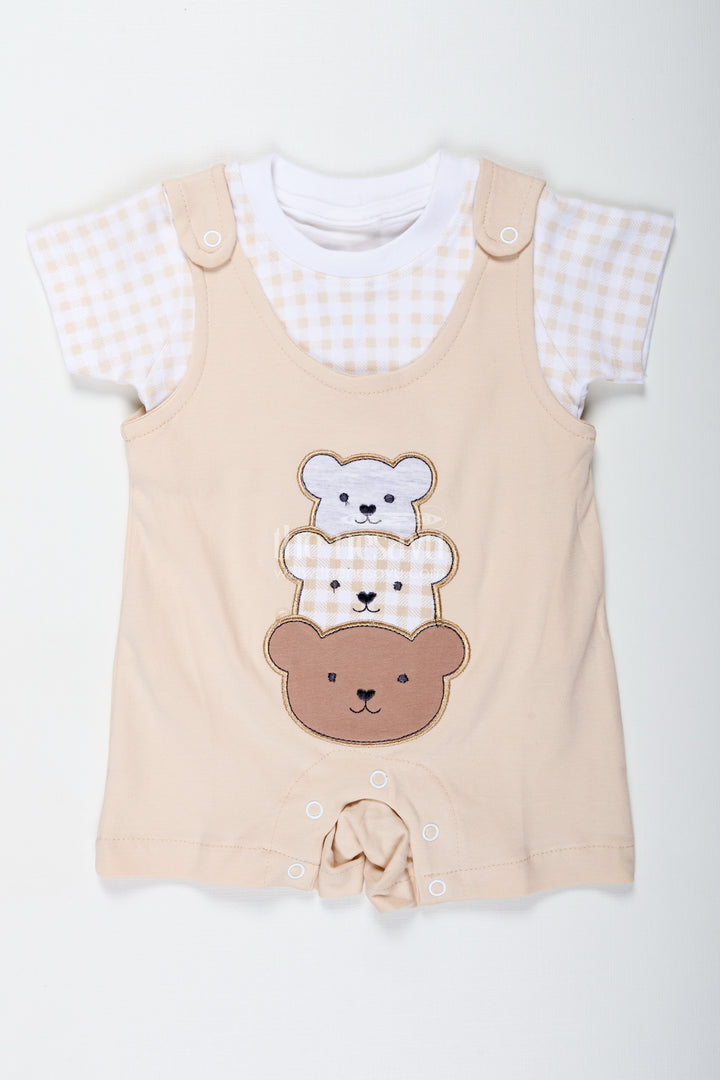 Newborn Teddy Bear Costume for Boys in Soft Cotton with Triple Bear Patch and Checkered Sleeves