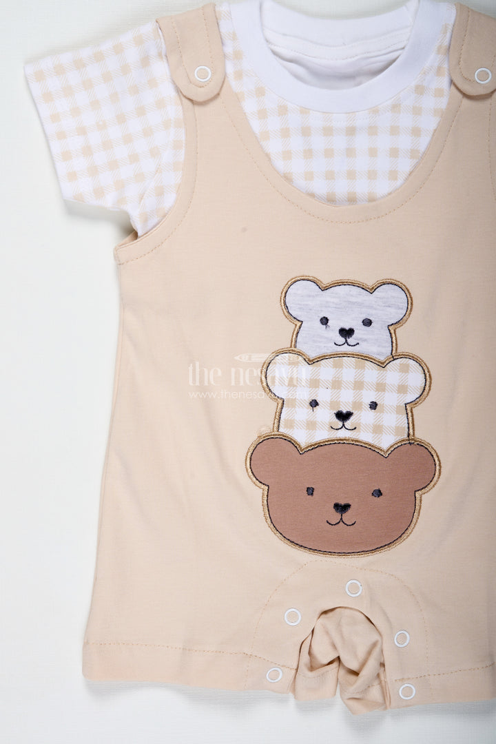 Newborn Teddy Bear Costume for Boys in Soft Cotton with Triple Bear Patch and Checkered Sleeves