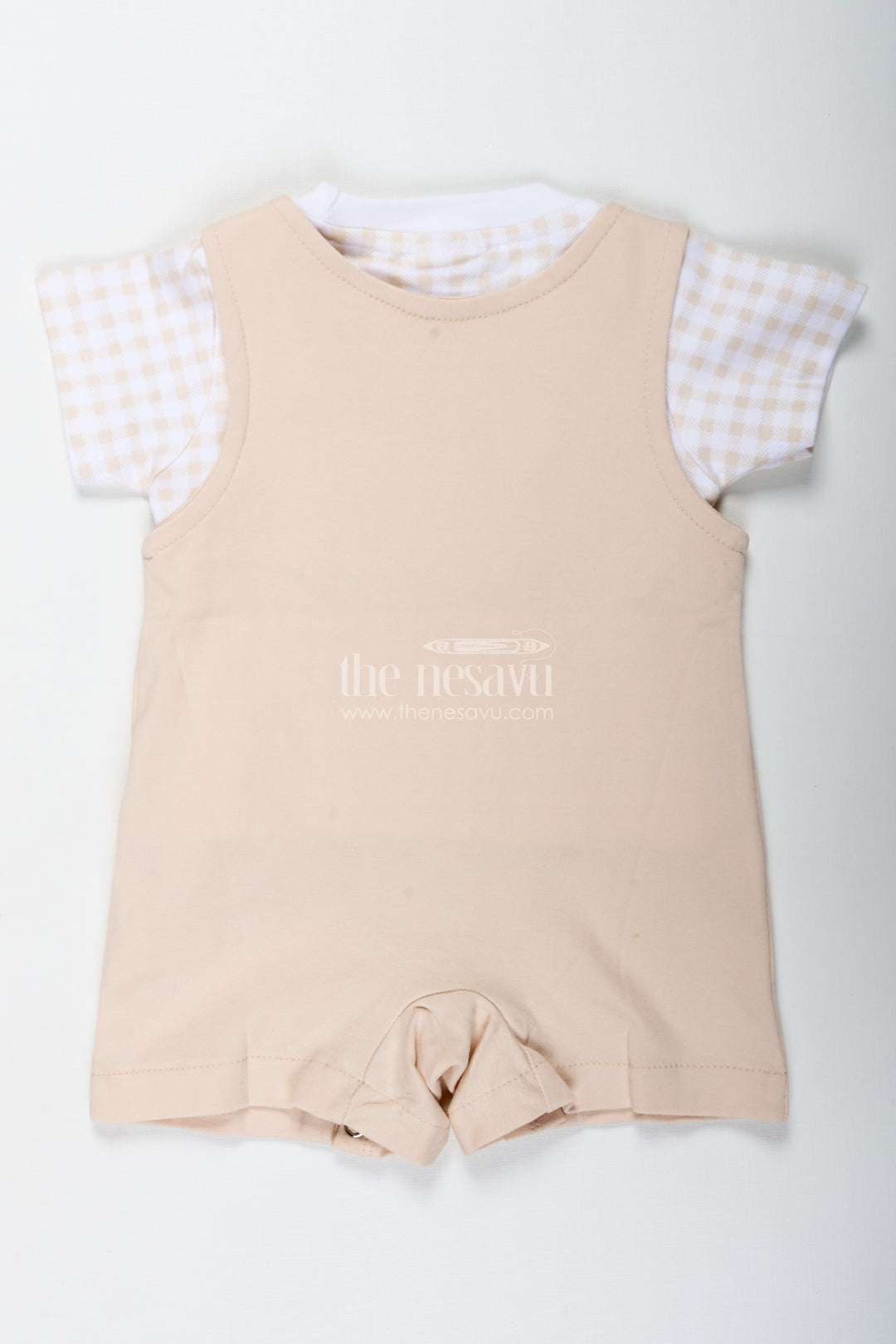 Newborn Teddy Bear Costume for Boys in Soft Cotton with Triple Bear Patch and Checkered Sleeves