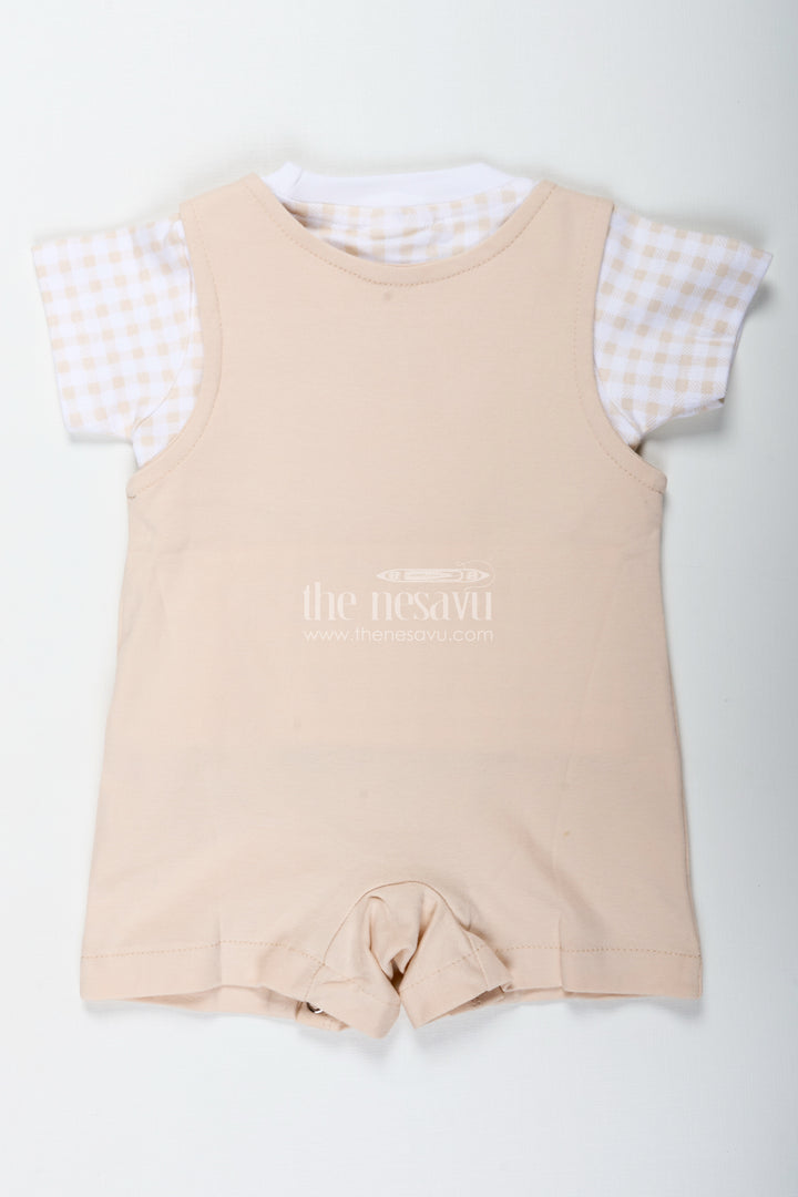 Newborn Teddy Bear Costume for Boys in Soft Cotton with Triple Bear Patch and Checkered Sleeves