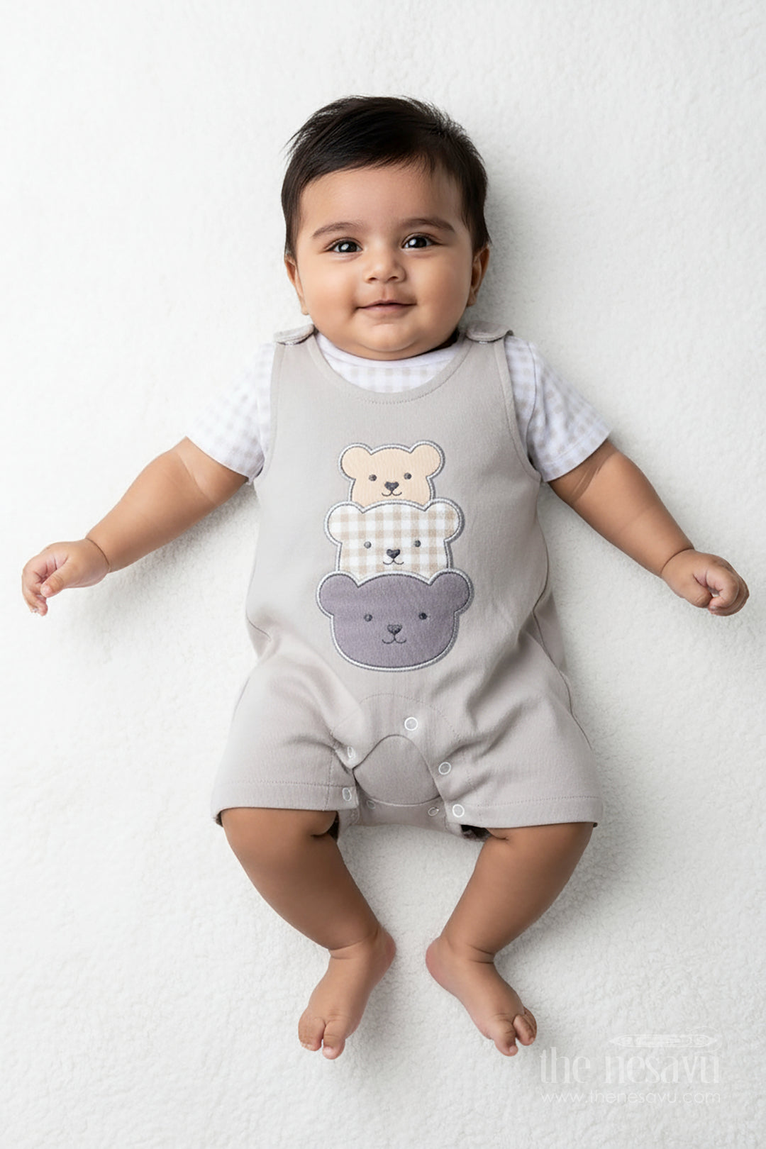 Gray Casual Outfit for Boys in Cotton with Teddy Patch Detail and Checkered Tee Two Piece Set
