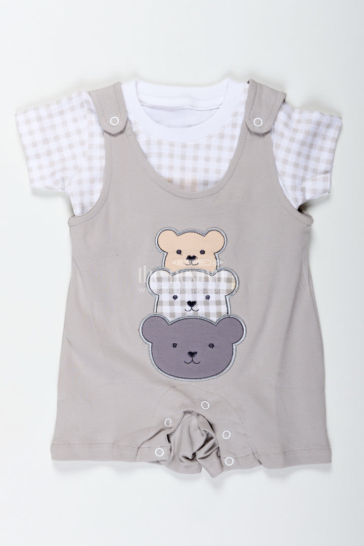 Gray Casual Outfit for Boys in Cotton with Teddy Patch Detail and Checkered Tee Two Piece Set