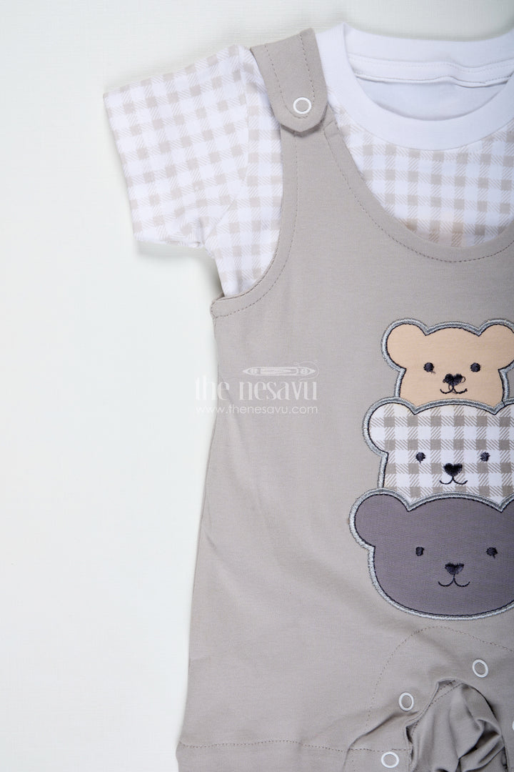 Gray Casual Outfit for Boys in Cotton with Teddy Patch Detail and Checkered Tee Two Piece Set