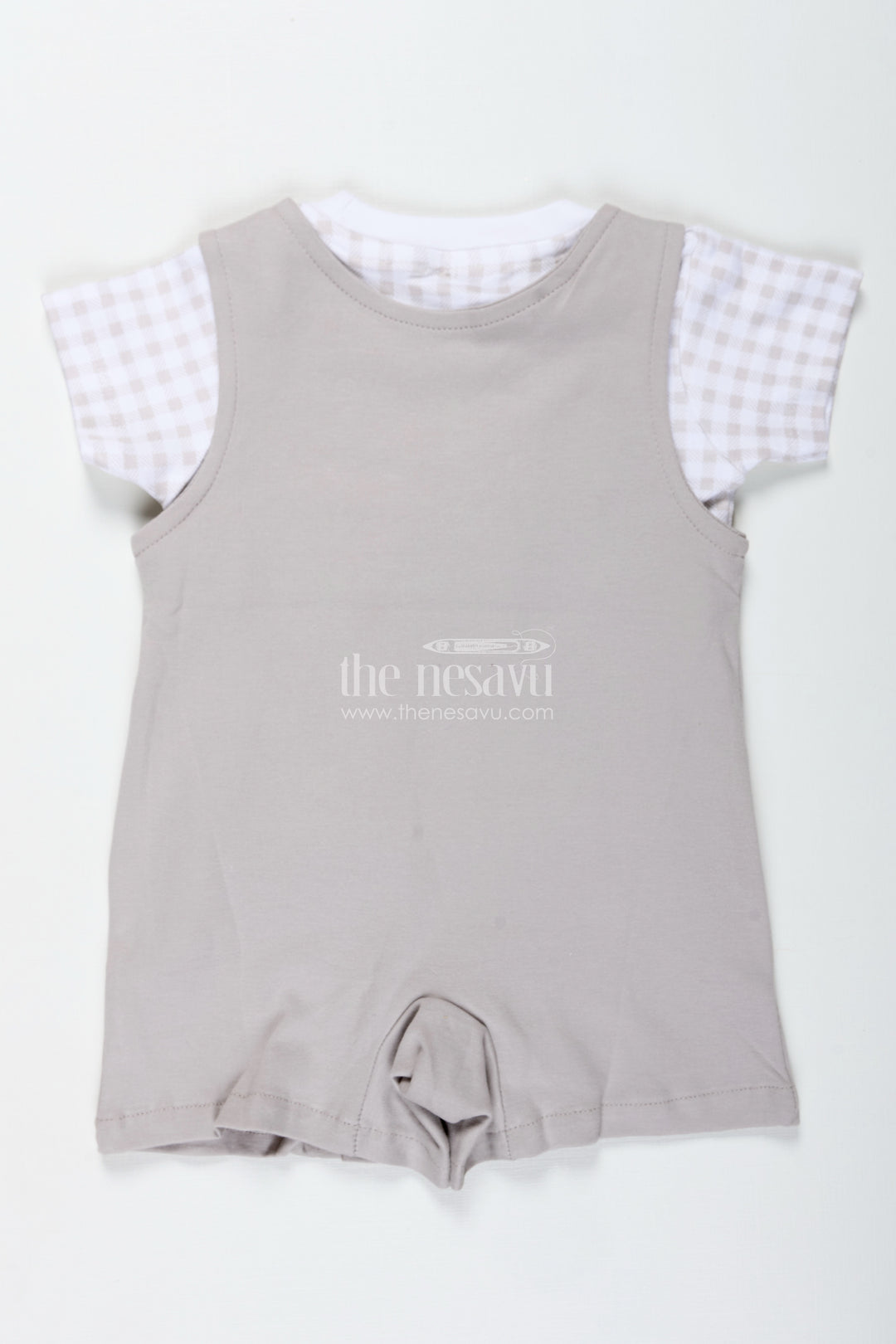 Gray Casual Outfit for Boys in Cotton with Teddy Patch Detail and Checkered Tee Two Piece Set