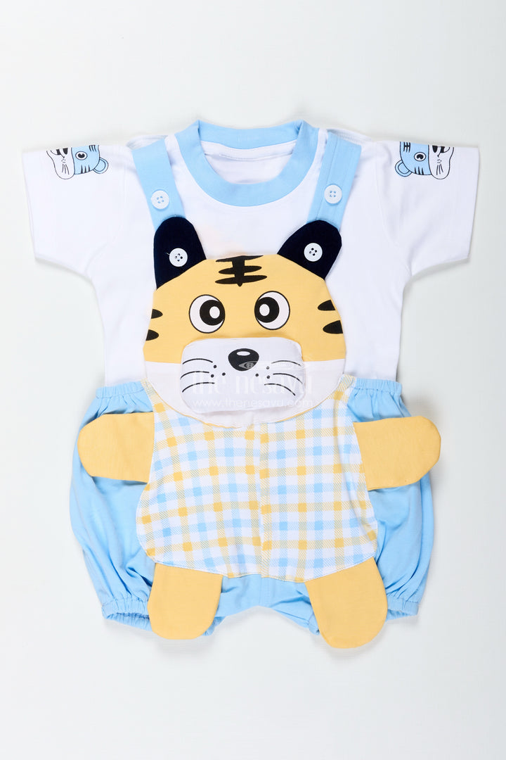 Tiger Design Shirt for Boys in Cotton with Blue Check Dungaree and Cute Yellow Embroidered Face