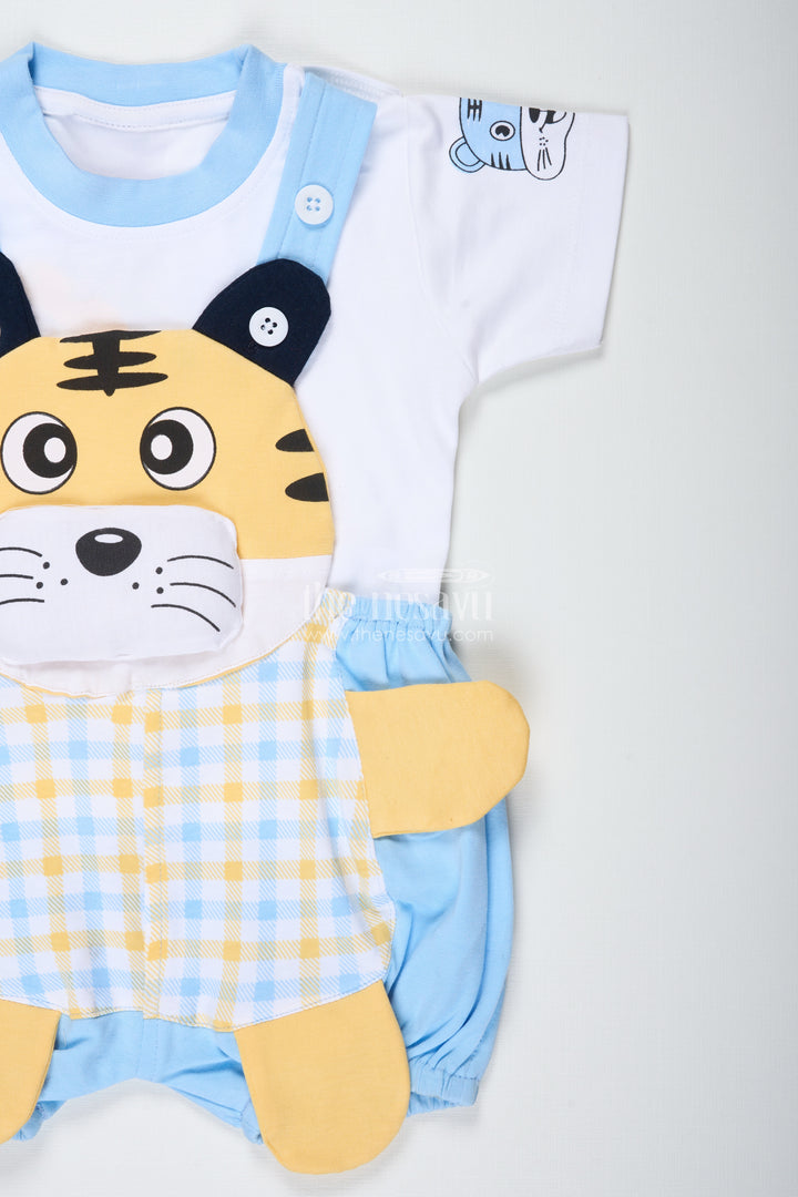 Tiger Design Shirt for Boys in Cotton with Blue Check Dungaree and Cute Yellow Embroidered Face