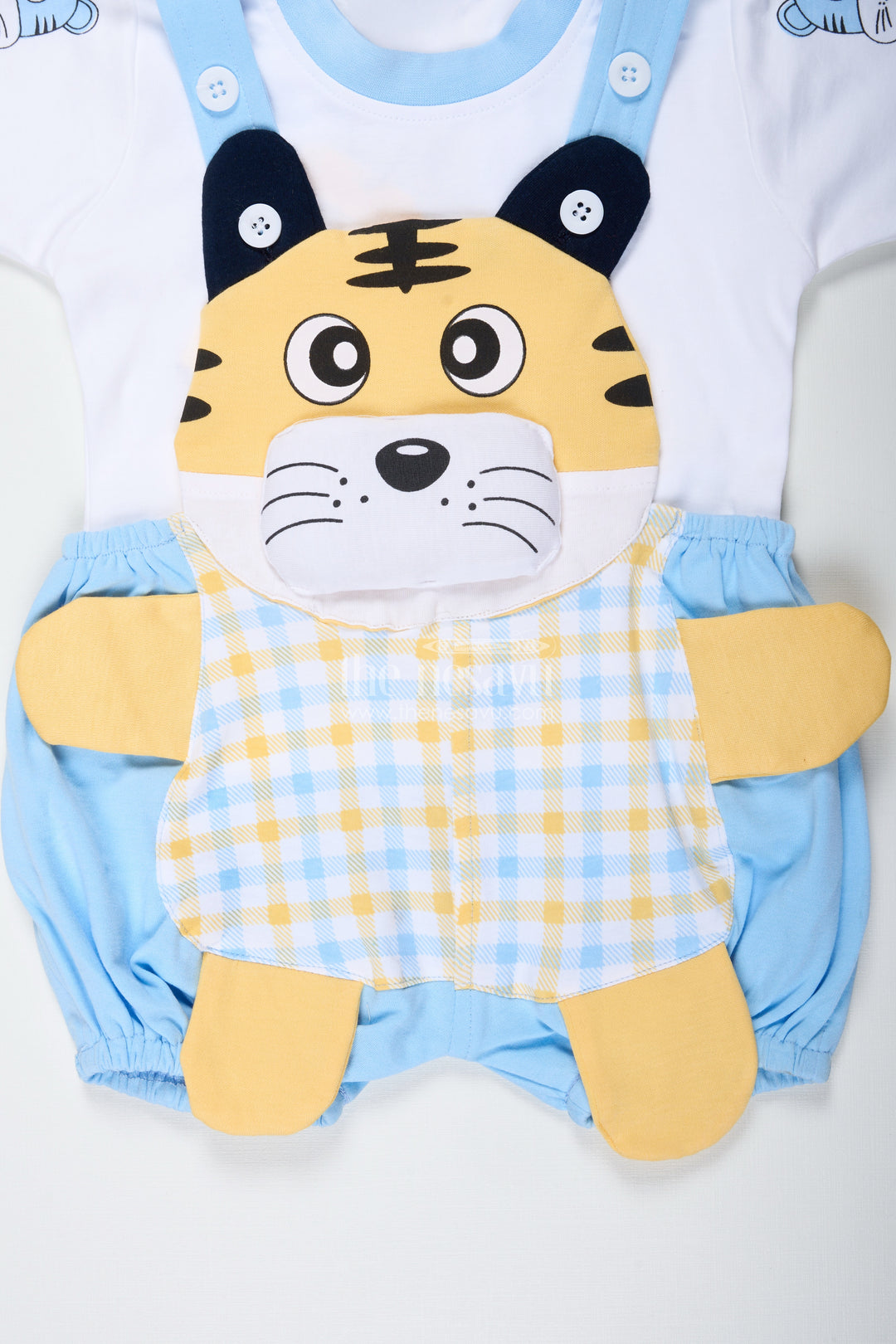 Tiger Design Shirt for Boys in Cotton with Blue Check Dungaree and Cute Yellow Embroidered Face
