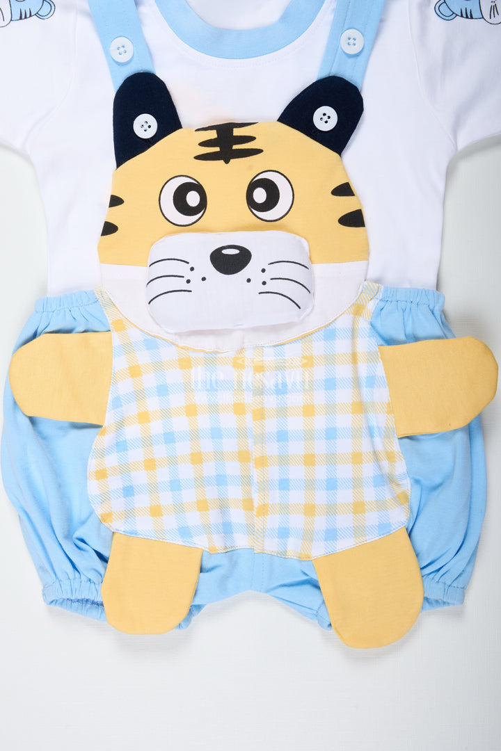 Tiger Design Shirt for Boys in Cotton with Blue Check Dungaree and Cute Yellow Embroidered Face