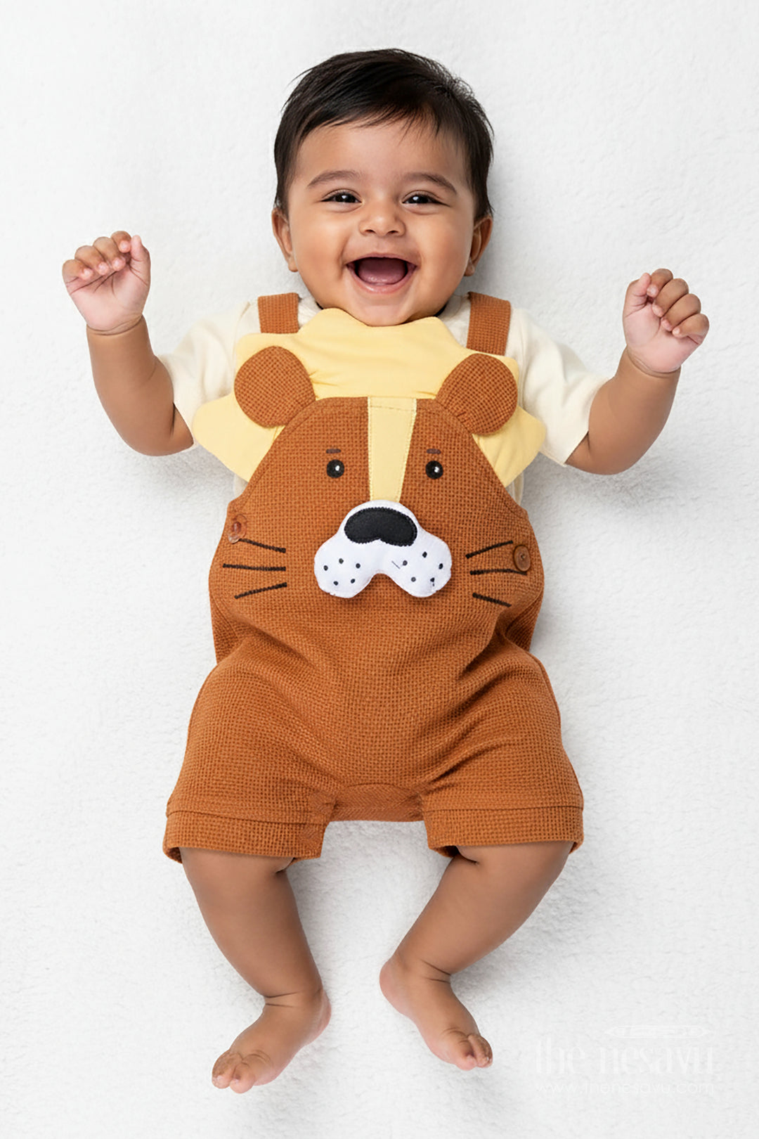 Brown Birthday Outfit for Boys in Cotton Waffle Knit with Dog Embroidery and Mustard Accent Tee