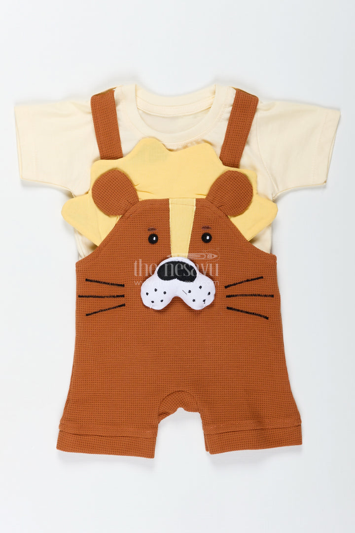 Brown Birthday Outfit for Boys in Cotton Waffle Knit with Dog Embroidery and Mustard Accent Tee