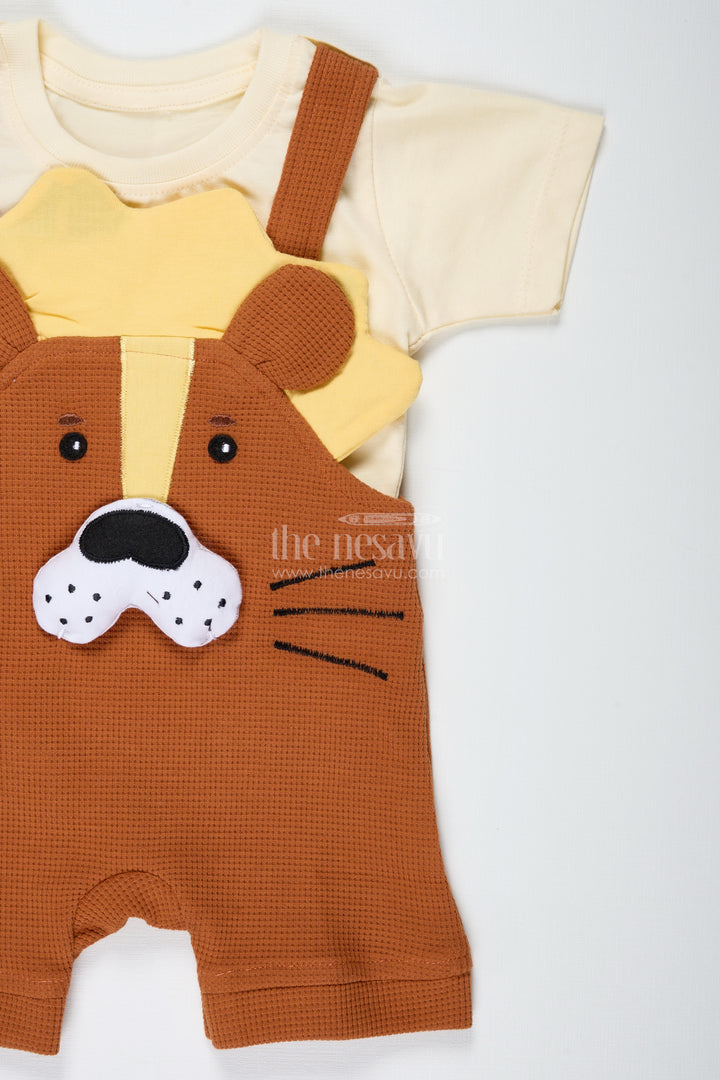 Brown Birthday Outfit for Boys in Cotton Waffle Knit with Dog Embroidery and Mustard Accent Tee