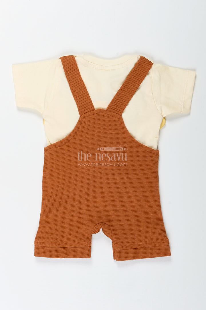 Brown Birthday Outfit for Boys in Cotton Waffle Knit with Dog Embroidery and Mustard Accent Tee