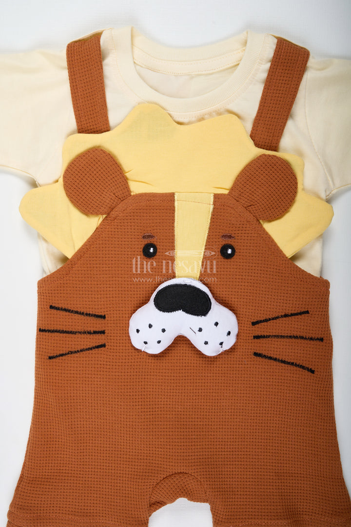 Brown Birthday Outfit for Boys in Cotton Waffle Knit with Dog Embroidery and Mustard Accent Tee