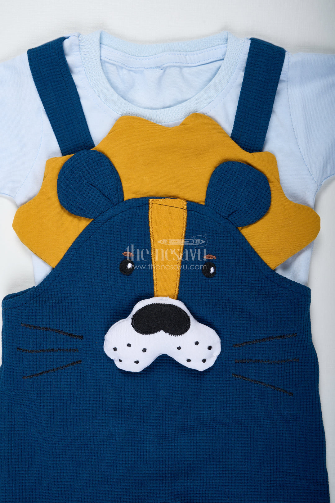 Newborn Bear Outfit for Boys in Waffle Knit Cotton with Dog Face Applique and Bold Contrast Tee