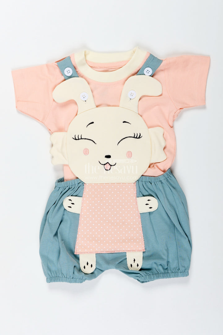 Green Casual Dress Set for Boys in Cotton with Playful Bunny Applique and Contrast Peach Tee
