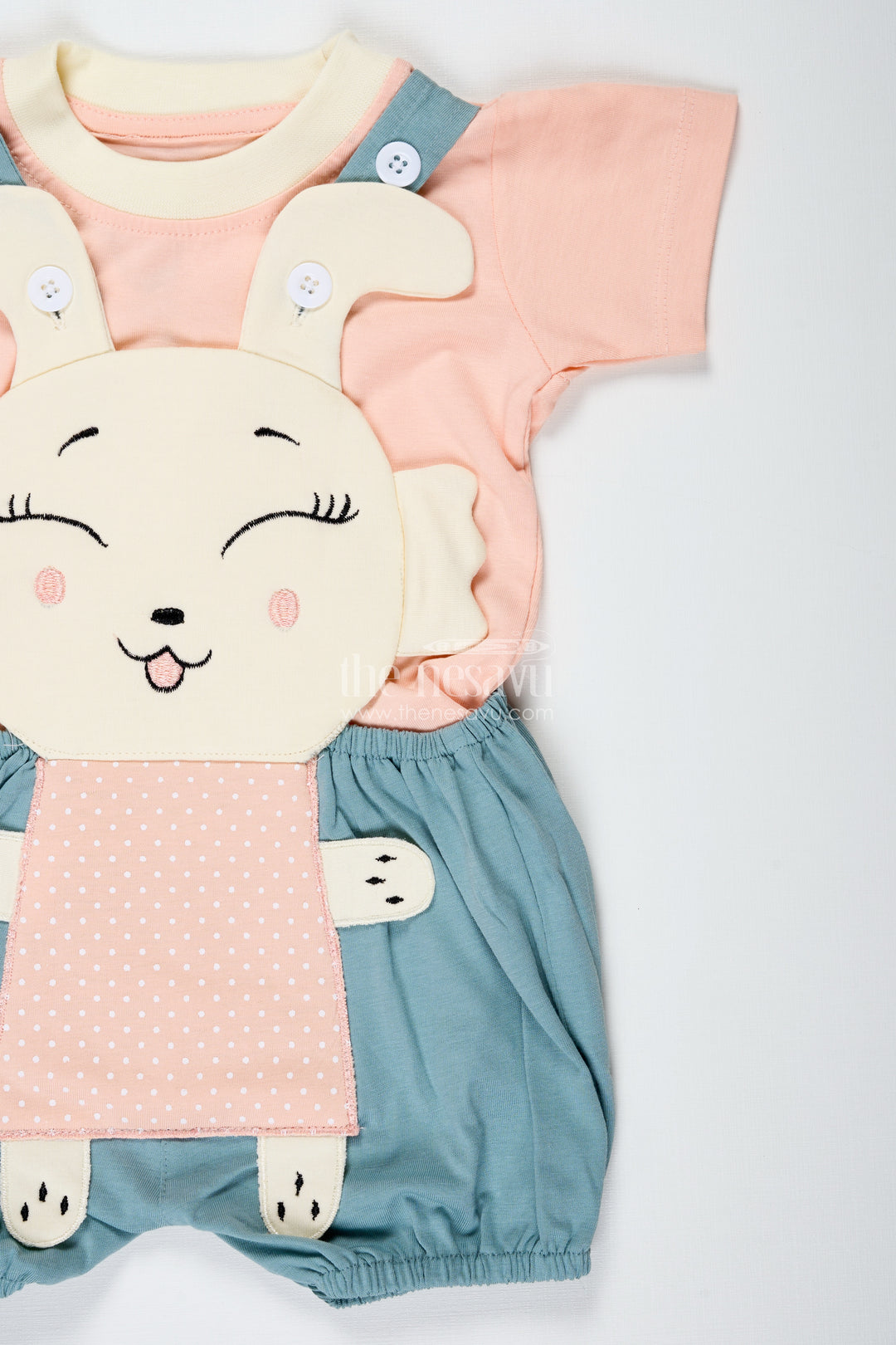 Green Casual Dress Set for Boys in Cotton with Playful Bunny Applique and Contrast Peach Tee