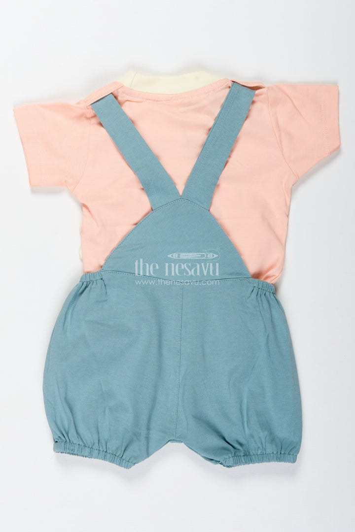 Green Casual Dress Set for Boys in Cotton with Playful Bunny Applique and Contrast Peach Tee