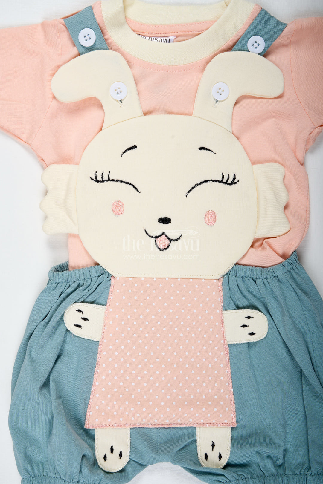 Green Casual Dress Set for Boys in Cotton with Playful Bunny Applique and Contrast Peach Tee