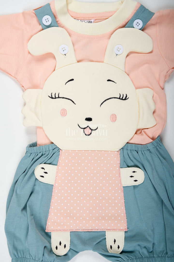 Green Casual Dress Set for Boys in Cotton with Playful Bunny Applique and Contrast Peach Tee