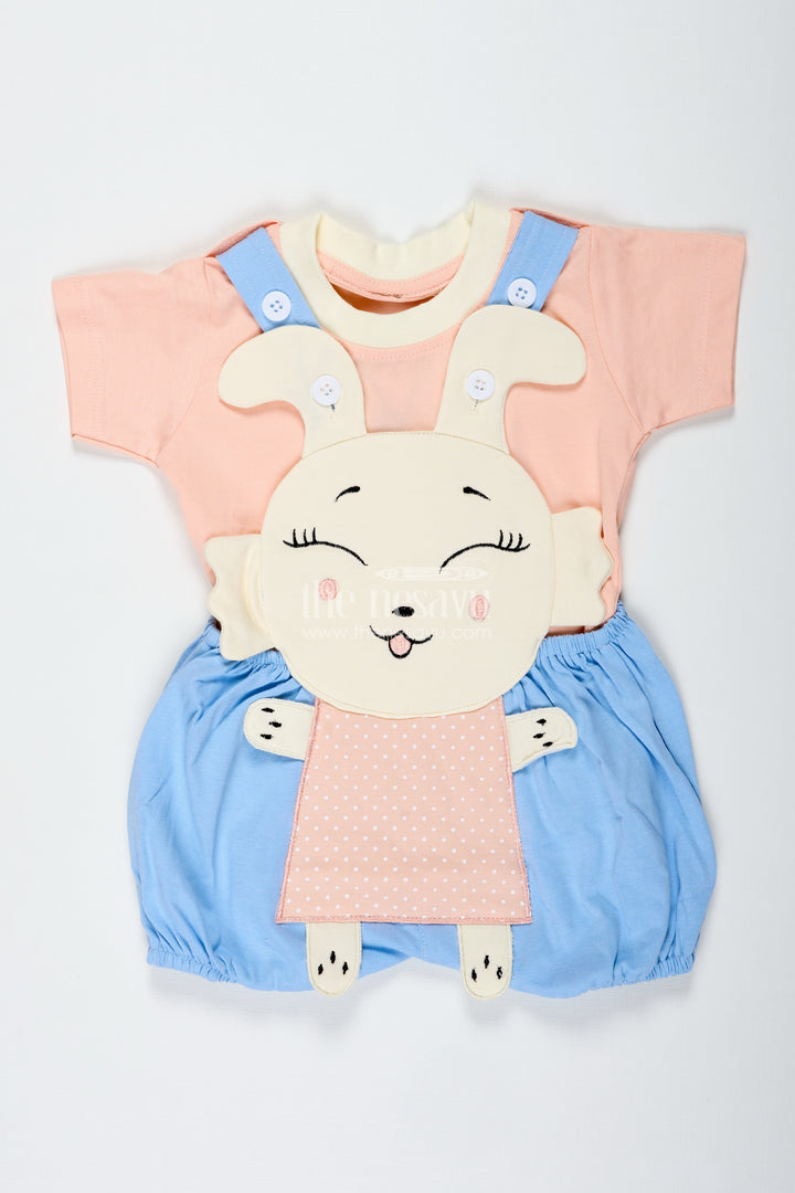 Casual Blue Set Outfit for Boys in Cotton with Bunny Embroidery and Soft Peach Short Sleeve Tee