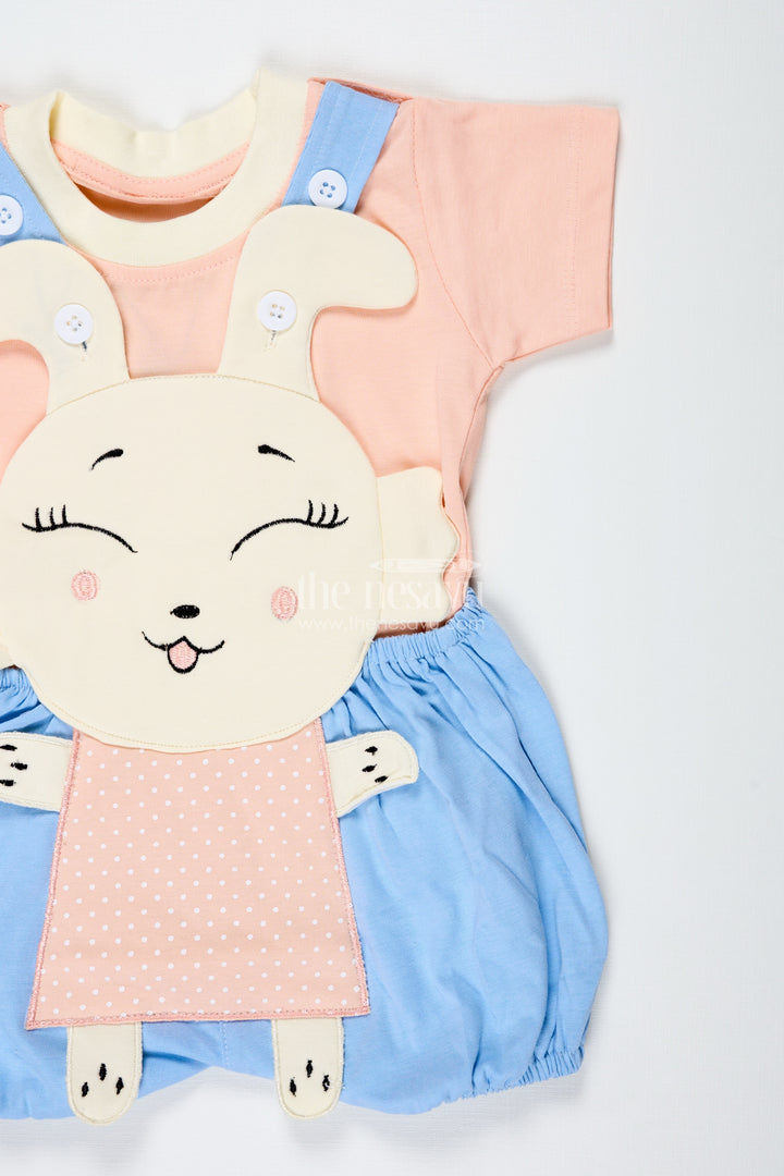 Casual Blue Set Outfit for Boys in Cotton with Bunny Embroidery and Soft Peach Short Sleeve Tee