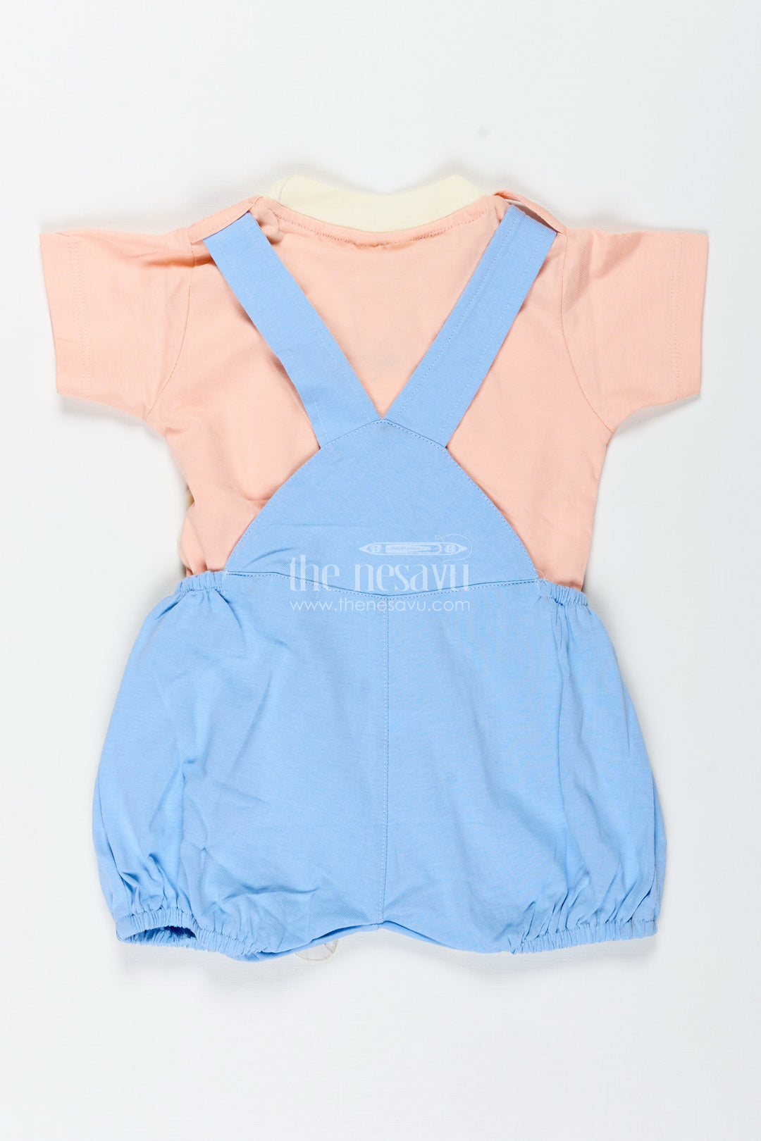 Casual Blue Set Outfit for Boys in Cotton with Bunny Embroidery and Soft Peach Short Sleeve Tee