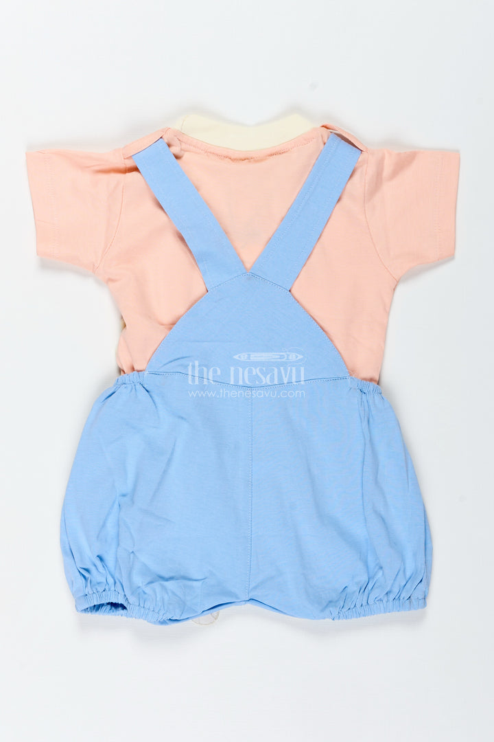 Casual Blue Set Outfit for Boys in Cotton with Bunny Embroidery and Soft Peach Short Sleeve Tee