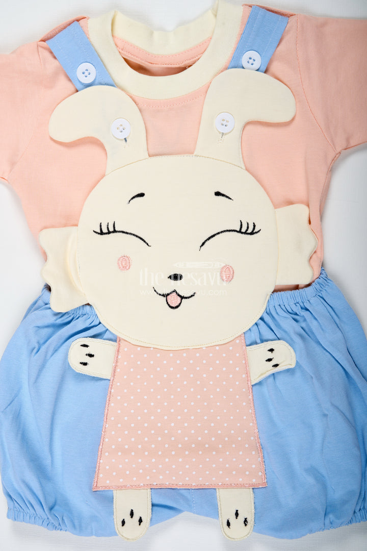 Casual Blue Set Outfit for Boys in Cotton with Bunny Embroidery and Soft Peach Short Sleeve Tee