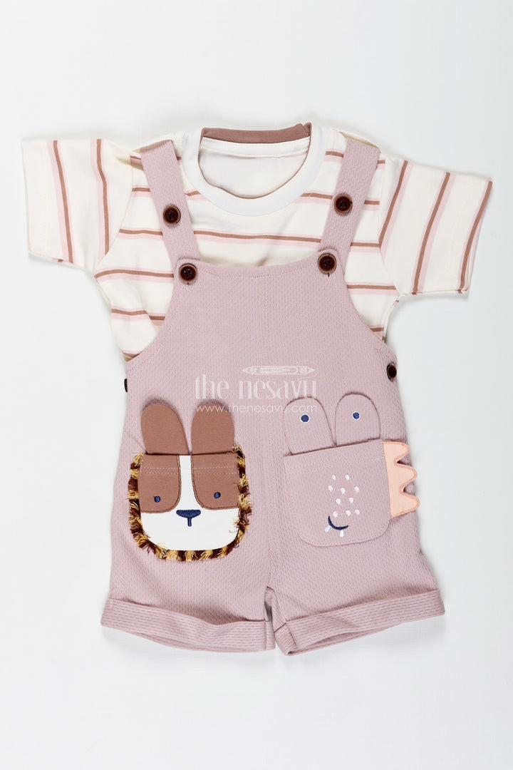 Pink Casual Outfits for Boys in Soft Cotton with Animal Face Patch and Striped Sleeve Tee Set