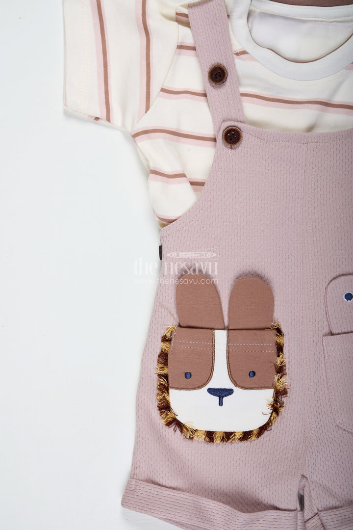 Pink Casual Outfits for Boys in Soft Cotton with Animal Face Patch and Striped Sleeve Tee Set