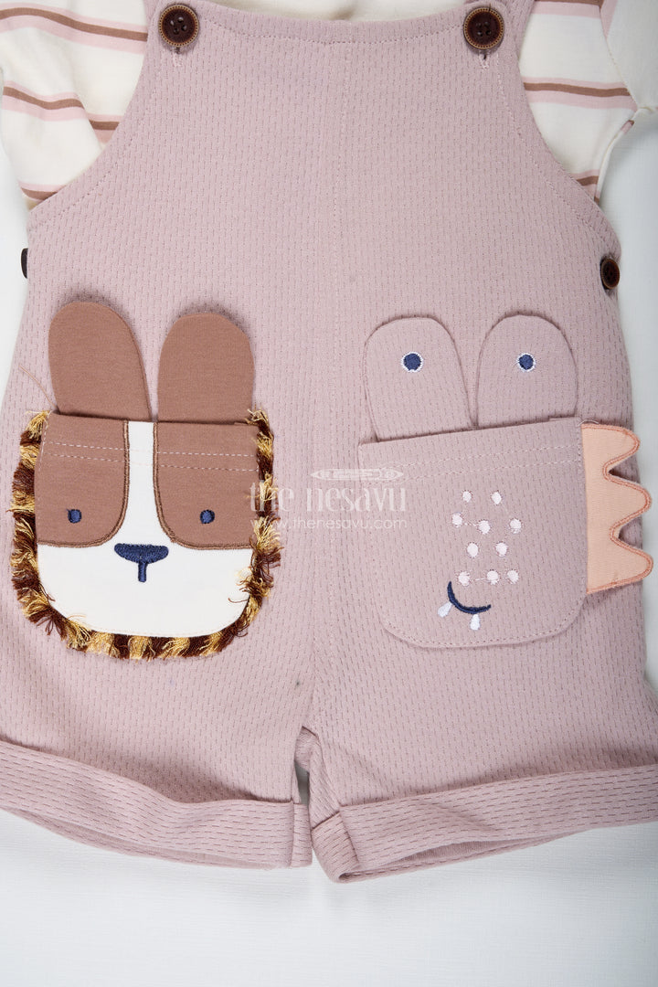 Pink Casual Outfits for Boys in Soft Cotton with Animal Face Patch and Striped Sleeve Tee Set