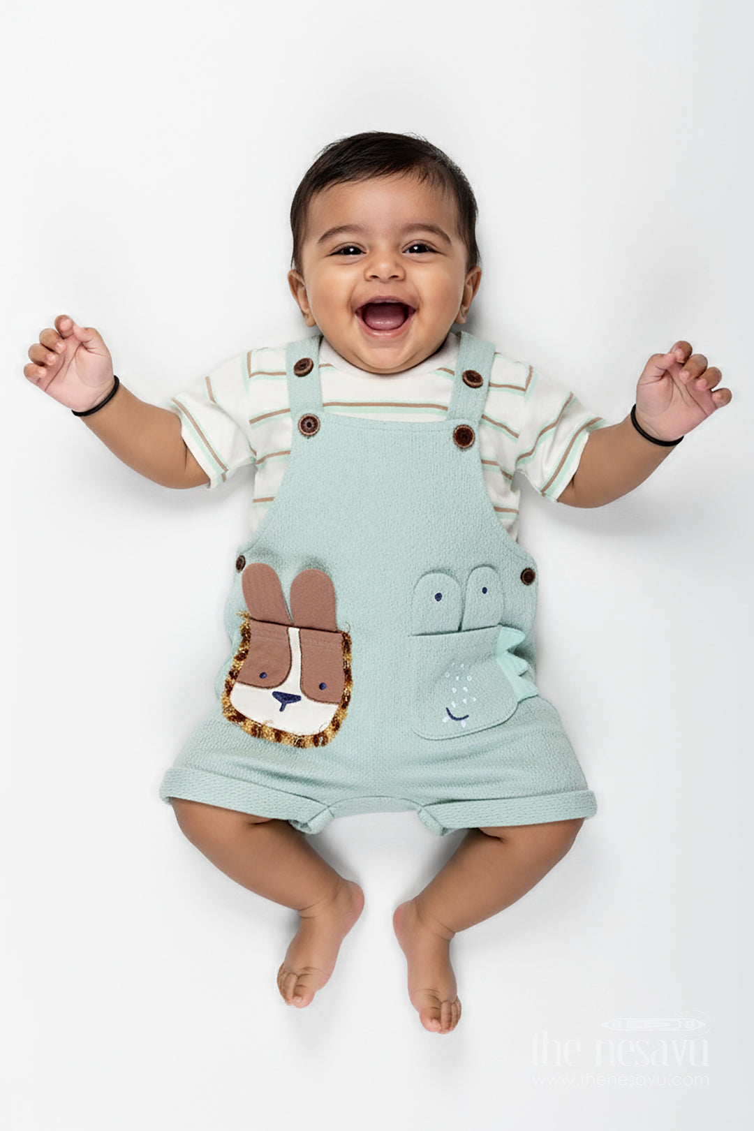 Animal Casual Outfit for Boys in Cotton with Green Dungaree and Fun Lion Face Applique Tee Combo