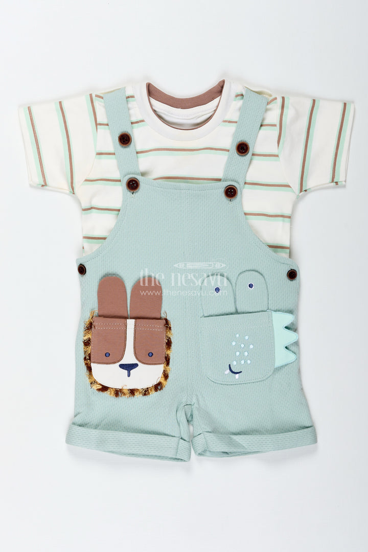 Animal Casual Outfit for Boys in Cotton with Green Dungaree and Fun Lion Face Applique Tee Combo