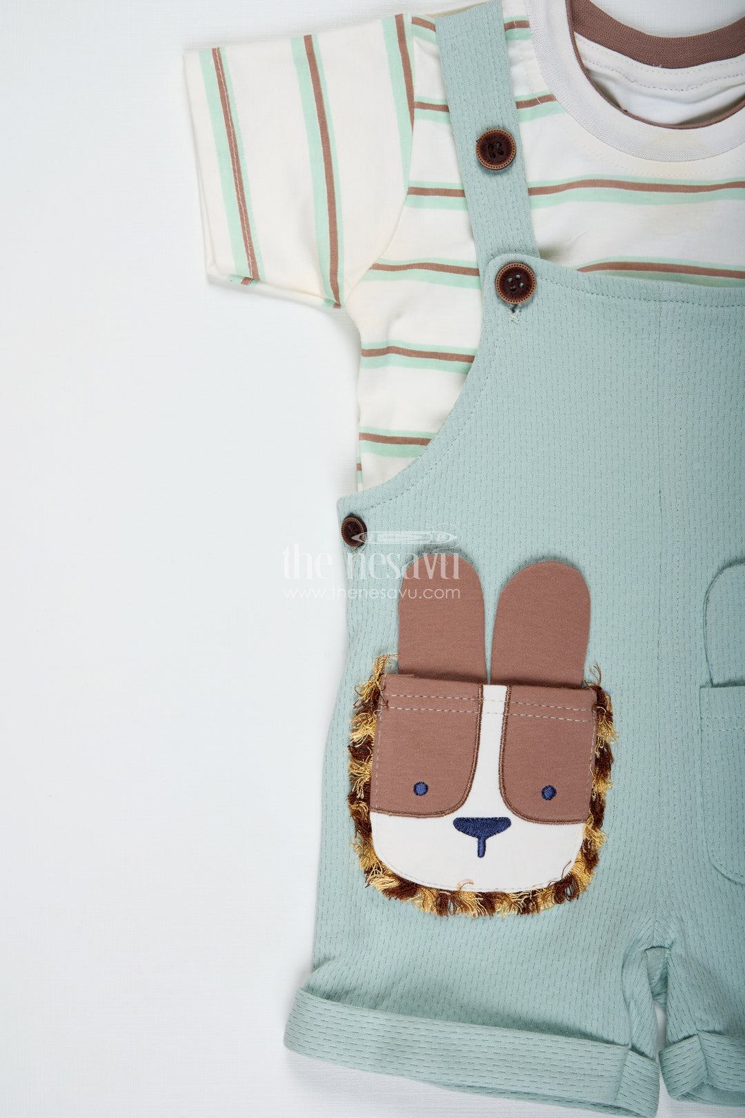 Animal Casual Outfit for Boys in Cotton with Green Dungaree and Fun Lion Face Applique Tee Combo