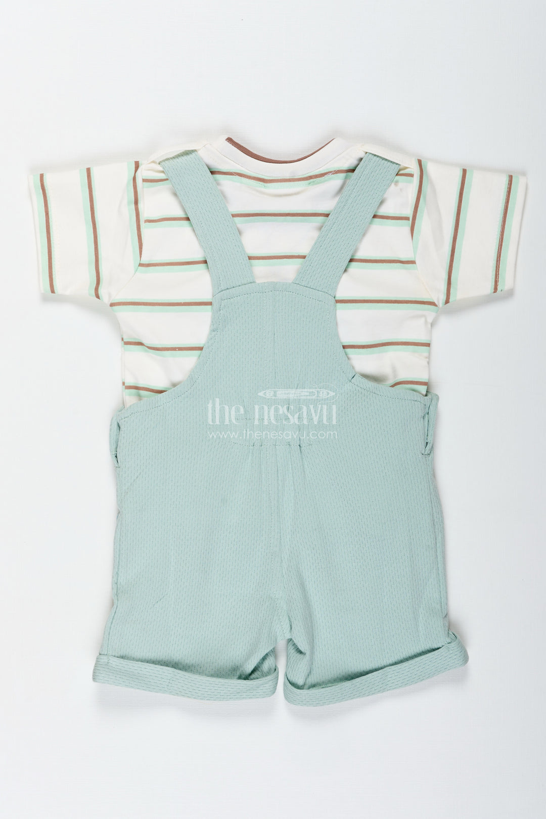 Animal Casual Outfit for Boys in Cotton with Green Dungaree and Fun Lion Face Applique Tee Combo