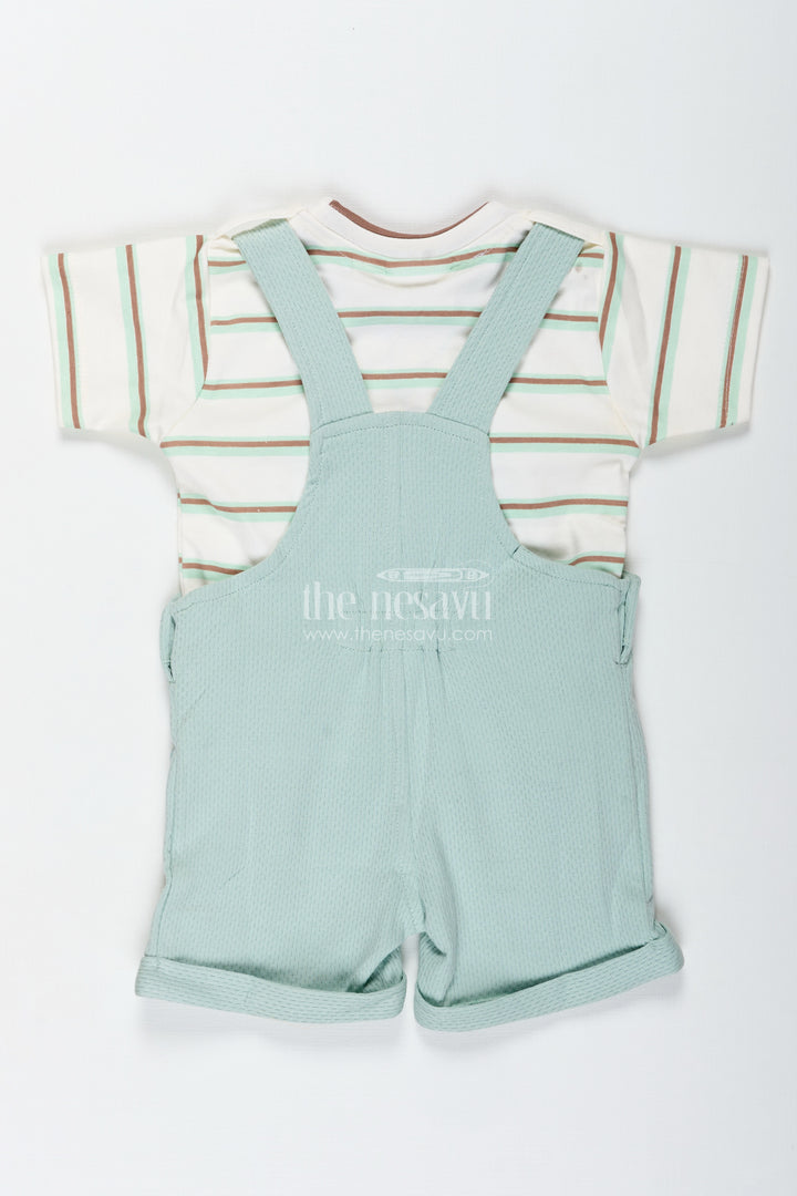 Animal Casual Outfit for Boys in Cotton with Green Dungaree and Fun Lion Face Applique Tee Combo