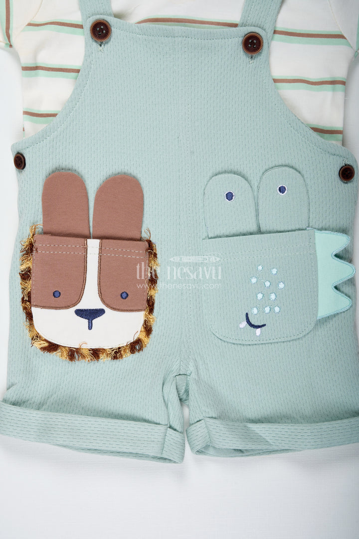 Animal Casual Outfit for Boys in Cotton with Green Dungaree and Fun Lion Face Applique Tee Combo