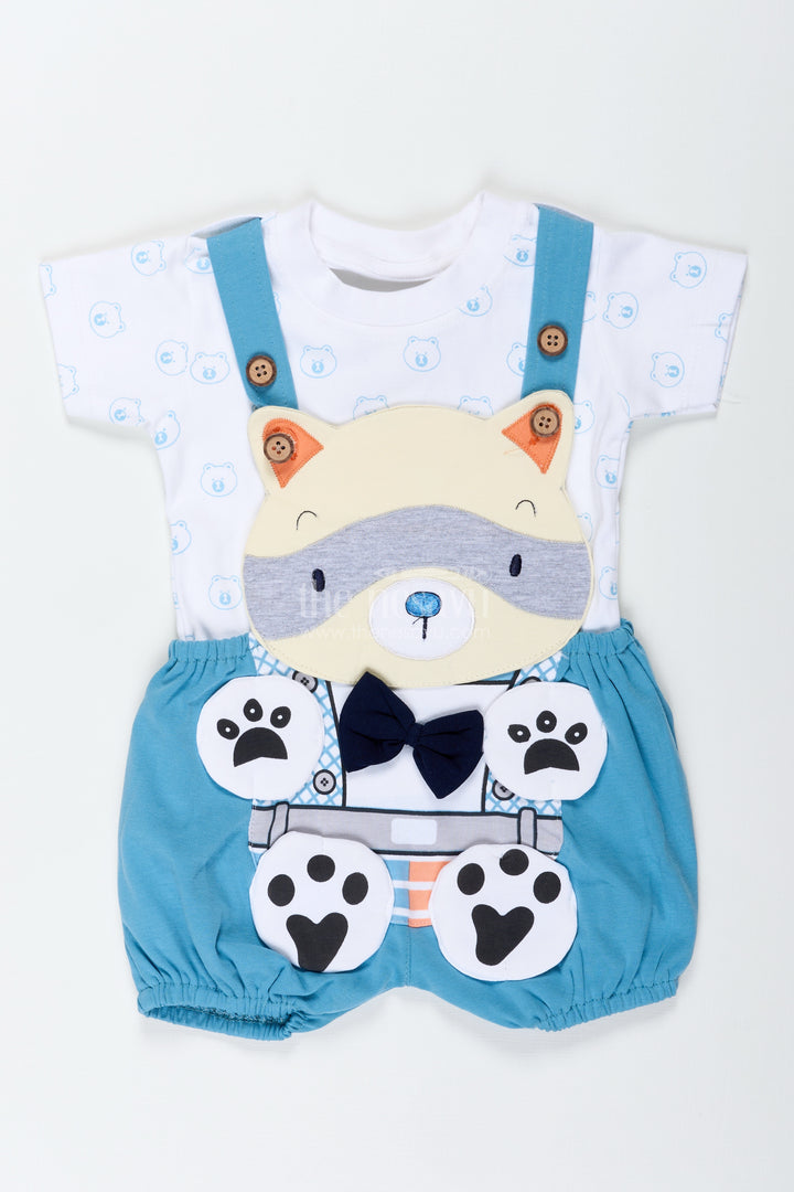 Boys Cotton Digital Print Set with Blue Overalls and Bear Motif for Casual Everyday Outings