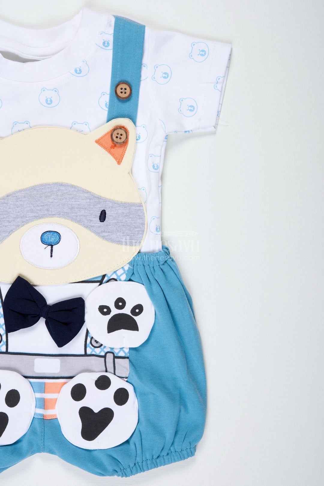 Boys Cotton Digital Print Set with Blue Overalls and Bear Motif for Casual Everyday Outings