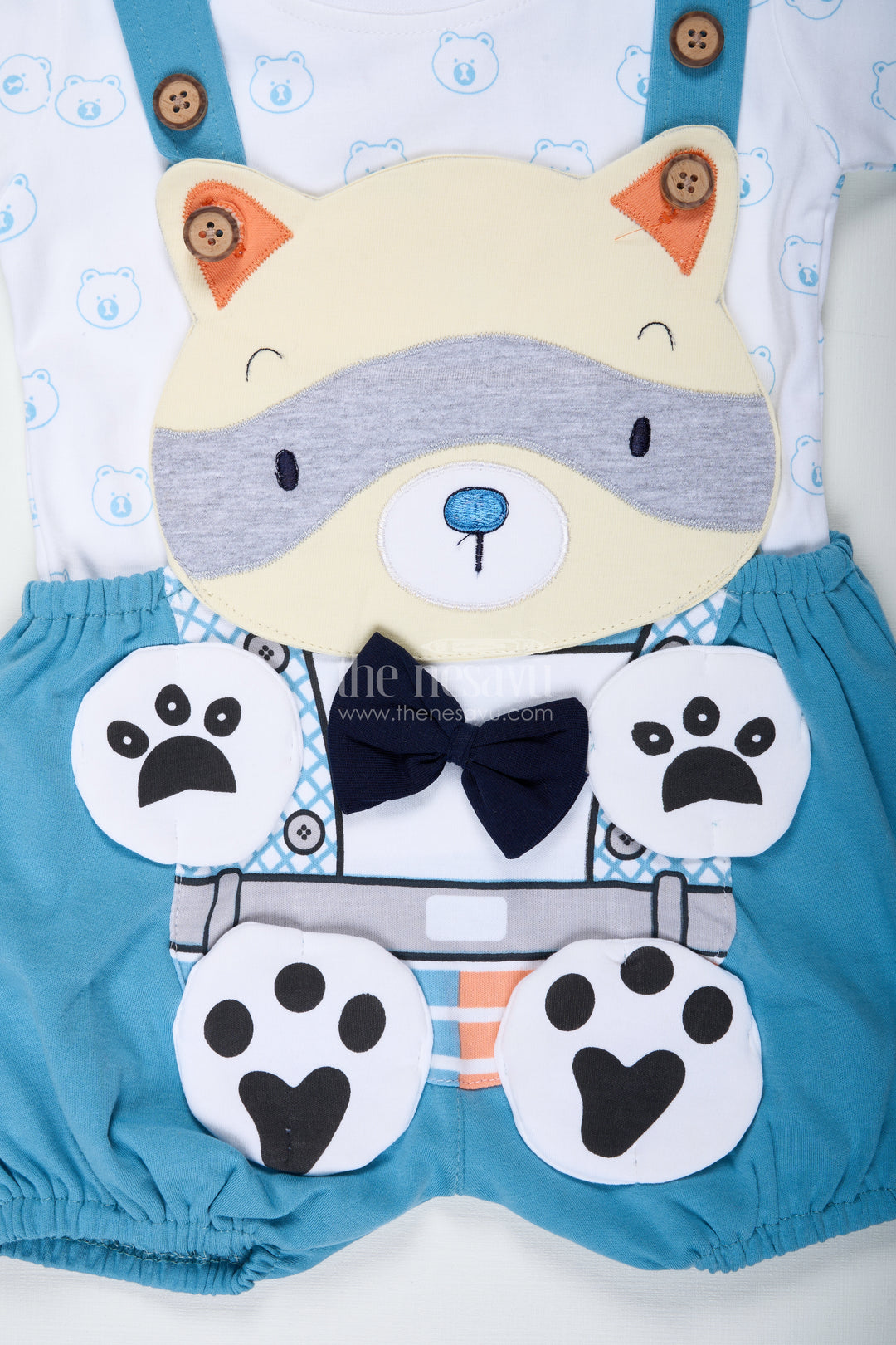 Boys Cotton Digital Print Set with Blue Overalls and Bear Motif for Casual Everyday Outings