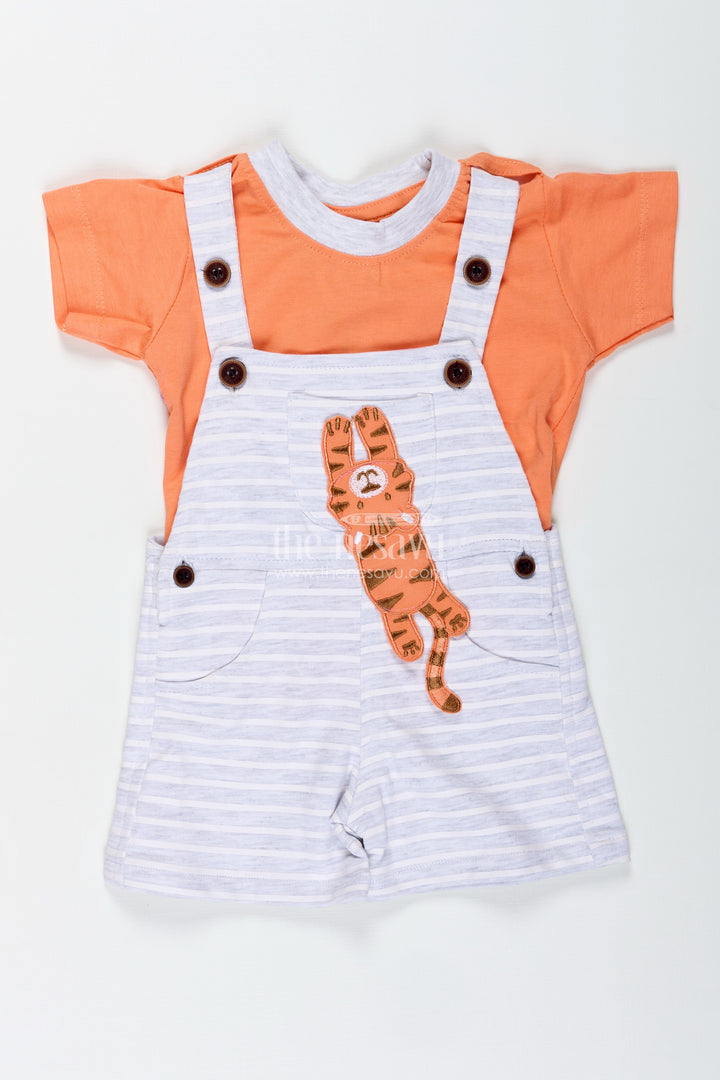 Boys Cotton Cute Casual Orange Dress with Striped Dungaree and Soft Tiger Embellishment